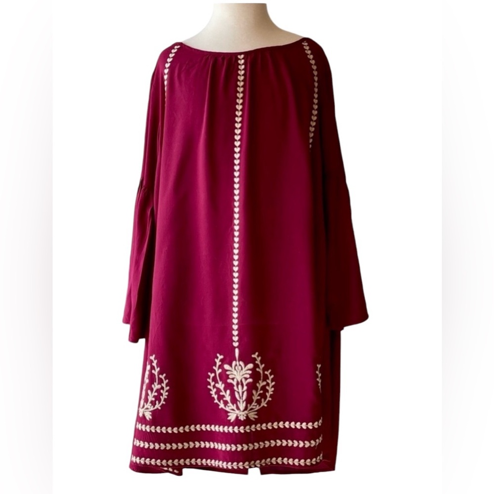 Umgee Womens Maroon Beautiful Gold Embroidered Boho Dress Sz S Flared Sleeves